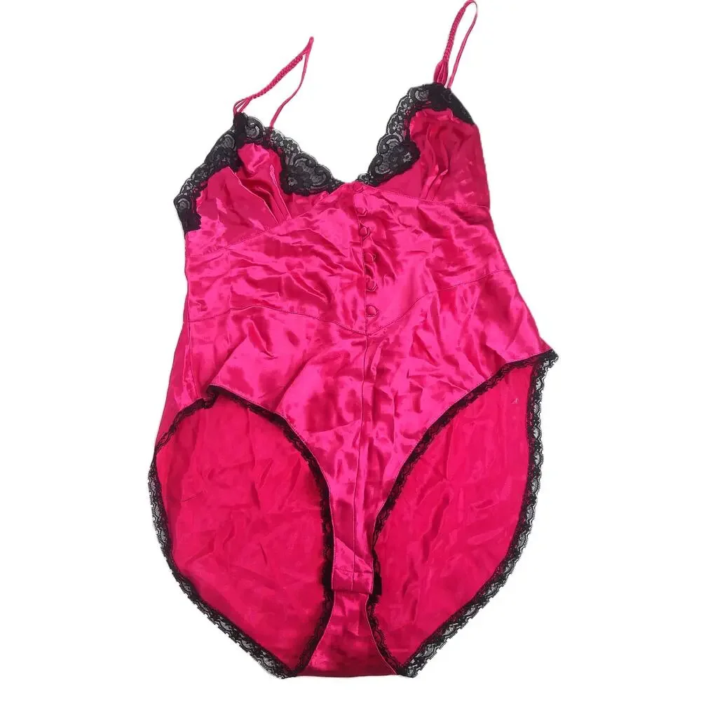 Vintage JCPenney Delicates Pink Satin Black Lace Teddy Bodysuit Size M New